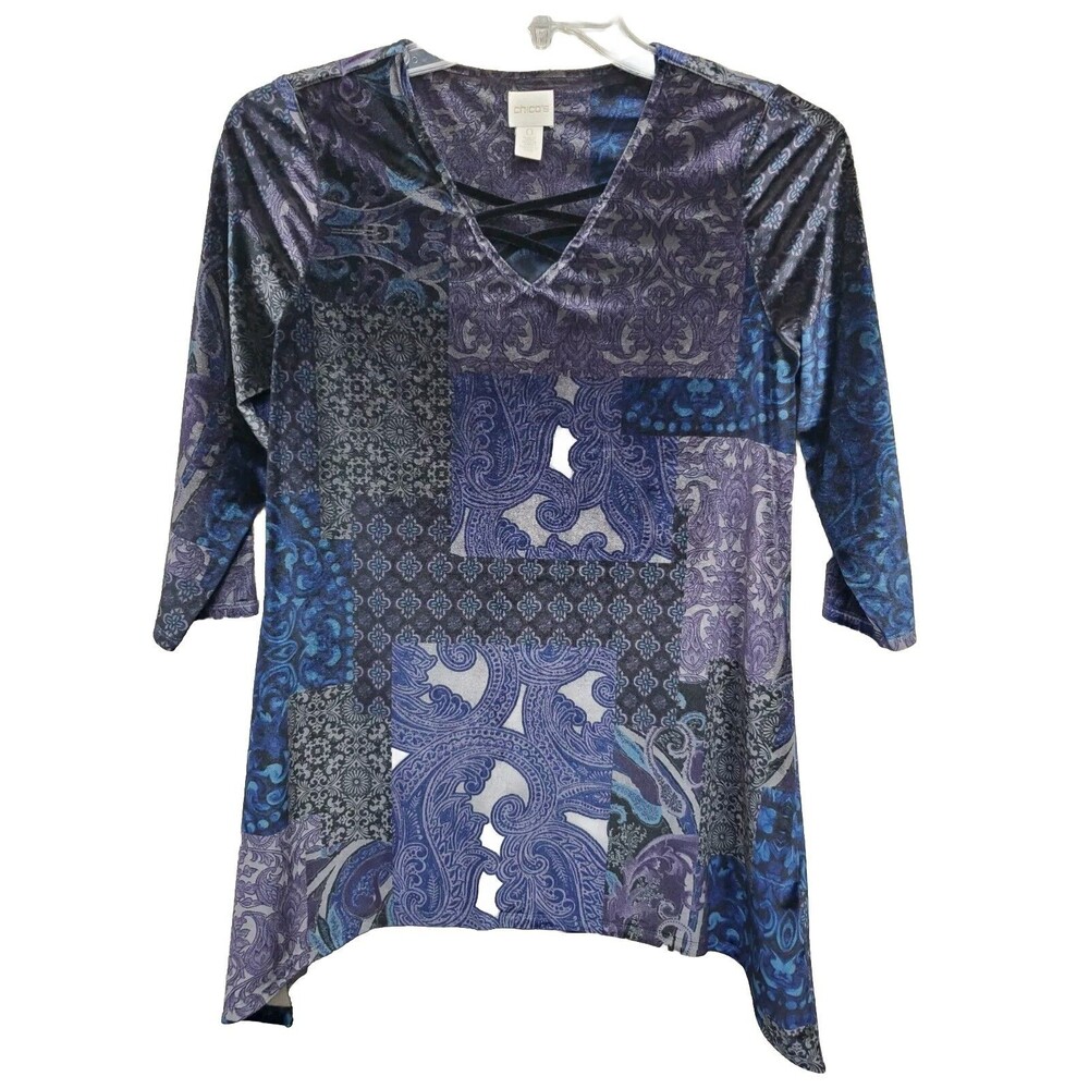 Chico's Midnight Patchwork Velvet Lace Up Tunic V-Neck 3/4 Sleeve Size 0 Small